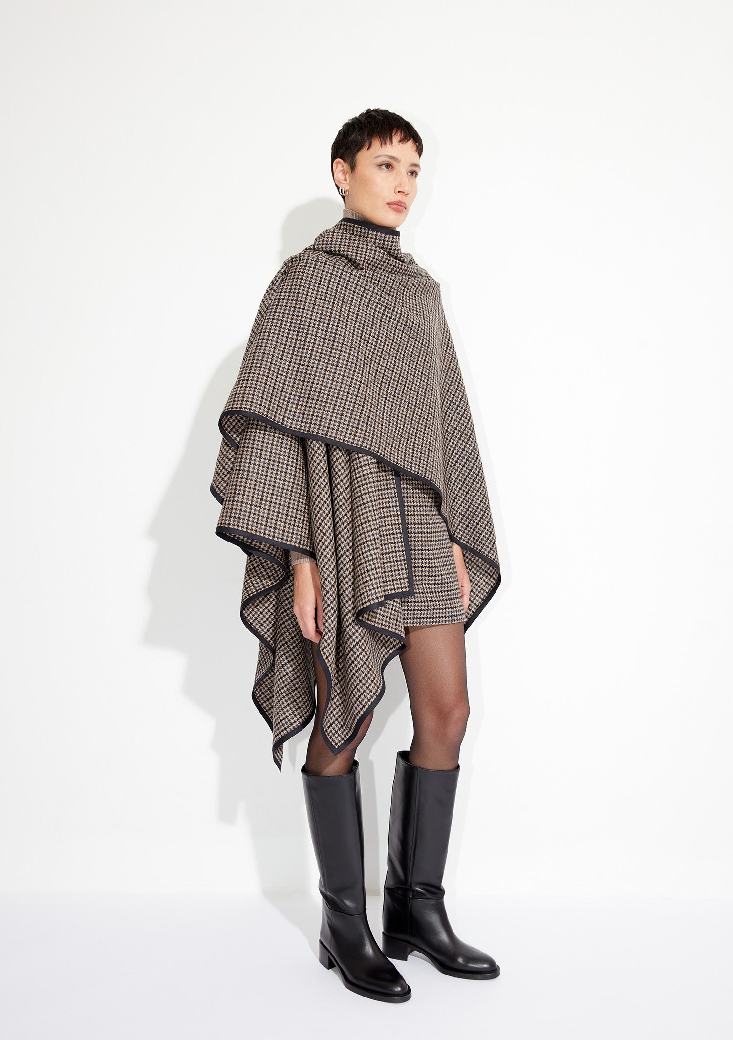 Amy Poncho in Dark Houndstooth Tweed